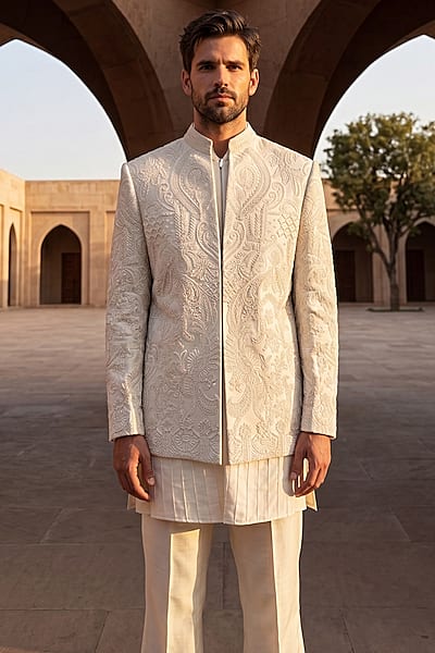 Ivory Linen Rayon Silk Embroidered Indowestern Set by AMIT ARORA