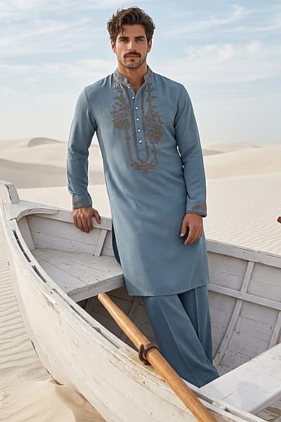 Turquoise Knit Embroidered Kurta Set by AMIT ARORA