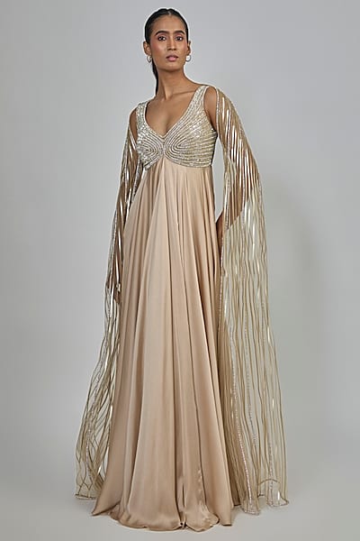 Champagne Chiffon & Butterfly Net Gown by Amit Aggarwal