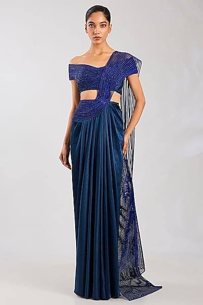 Abys Blue Heavy Satin Chiffon Saree Set by Amit Aggarwal