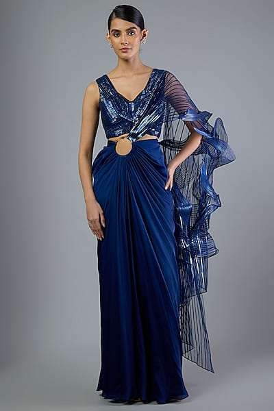 Cosmos Satin Chiffon Draped Skirt Saree Set by Amit Aggarwal
