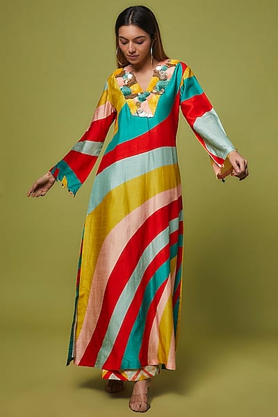 Multi-Colored Silk Floral Printed & Embroidered Maxi Dress by Archana Shah