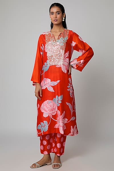 Red Silk Kurta Set by Archana Shah