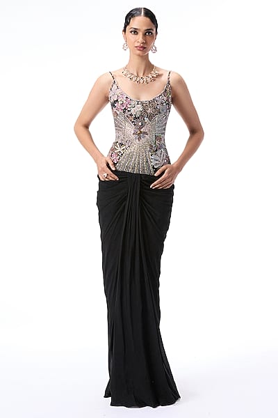 Black Chiffon & Tulle Applique Embellished Draped Gown by Aisha Rao