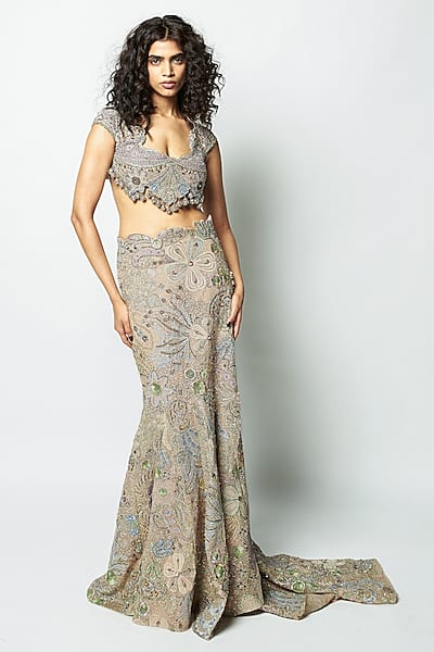 Baby Pink Mesh Applique Embellished Lehenga Set by Aisha Rao