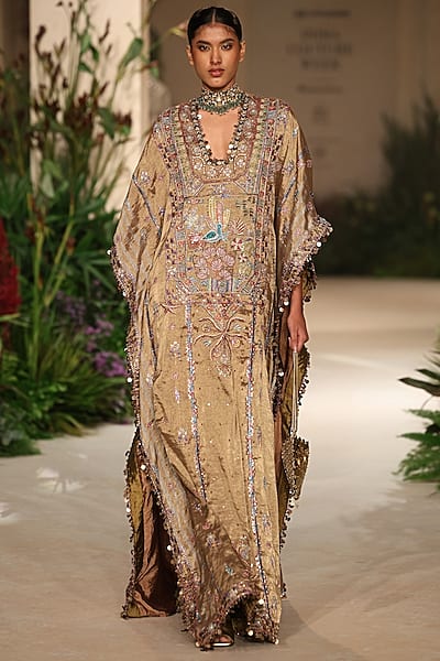 Golden Banarasi Tissue Brocade Applique Embellished Kaftan by Aisha Rao