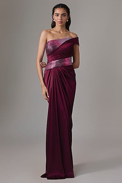 Oxblood Red Chiffon Gown by Amit Aggarwal