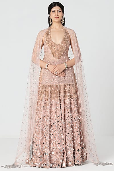 Rose Pink Velvet Mirror & Crystal Work Lehenga Set by Abhinav Mishra