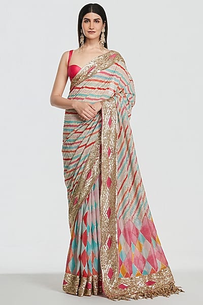 Multi-Colored Pure Georgette Sequin Embroidered Saree Set by Abhinav Mishra