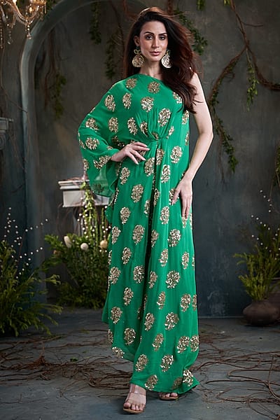 Green Georgette Sequins Embroidered One-Shoulder Kaftan Dress by Arab Crab