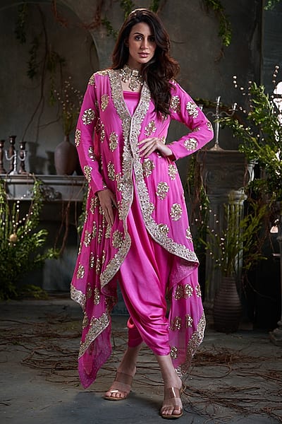 Pink Modal Satin Jumpsuit With Jacket by Arab Crab
