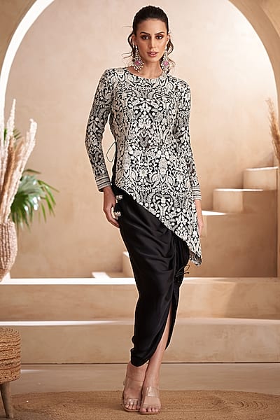 Black Georgette & Modal Satin Adjustable Skirt Set by Arab Crab
