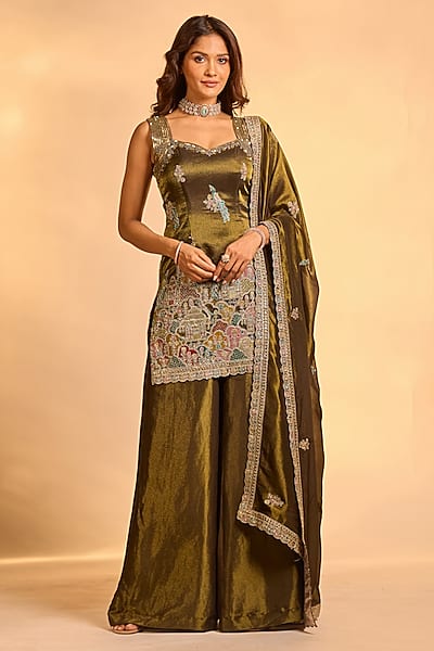 Mehendi Green Tissue Silk Hand Embellished Sharara Set by AJAY & PRIYANKA