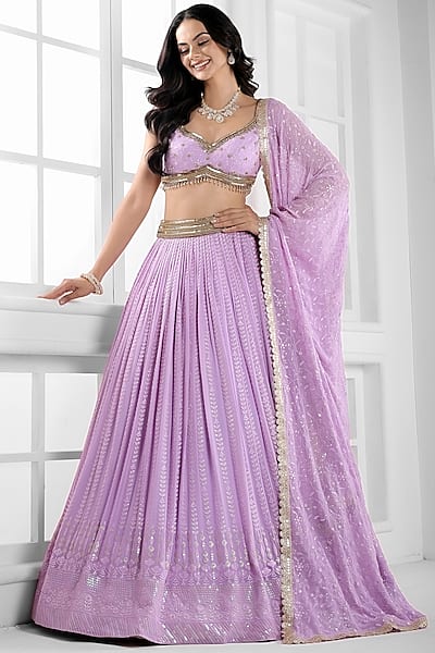 Purple Georgette Cutdana Embellished Lehenga Set by AJAY & PRIYANKA