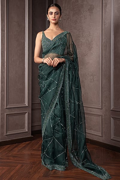 Emerald Green Organza Cutdana Embroidered Saree Set by AMRIN KHAN