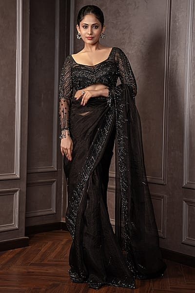 Black Organza Cutdana Work Saree Set by AMRIN KHAN