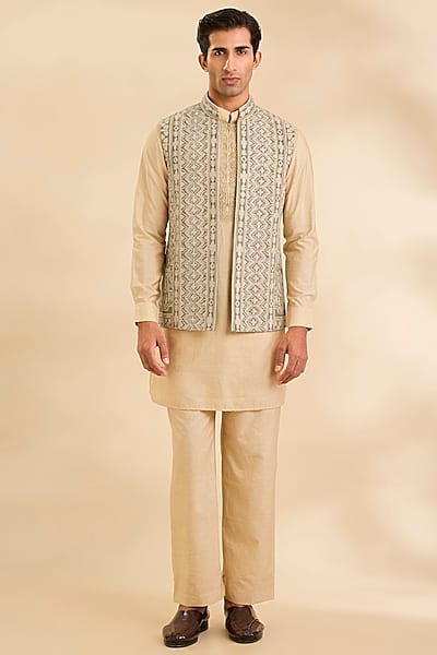 Light Olive Silk Bundi Jacket Set by AMIT ARORA