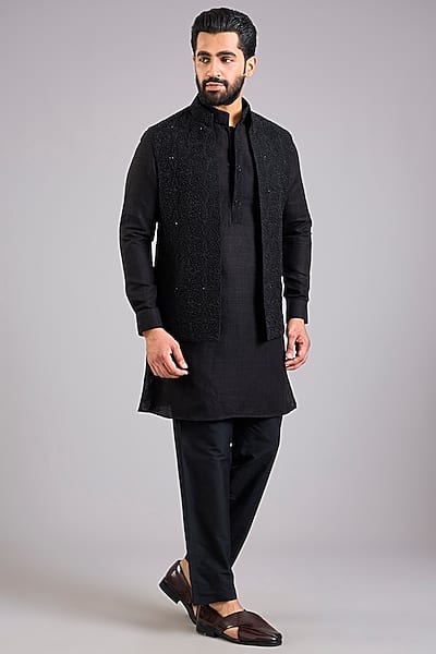 Black Silk Bundi Jacket Set by AMIT ARORA