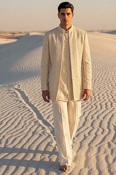 Cream Crochet Hand Embroidered Indowestern Set by AMIT ARORA