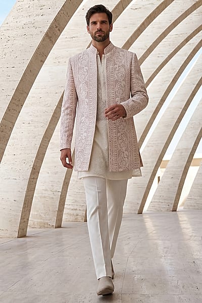 Baby Pink Twill Knit Embroidered Indowestern Set by AMIT ARORA
