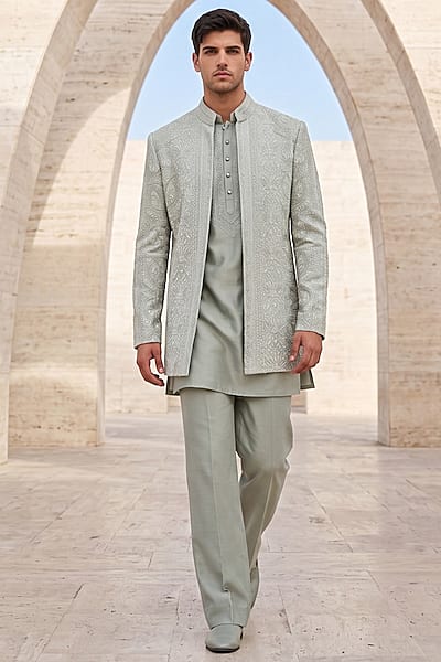 Sage Green Linen Rayon Silk Embroidered Textured Indowestern Set by AMIT ARORA