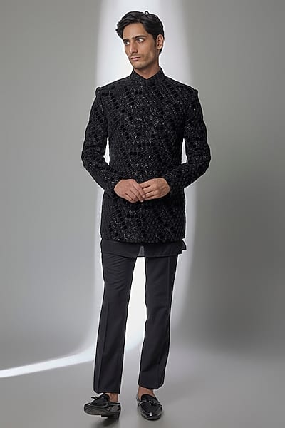 Black Silk Indowestern Set by AMIT ARORA