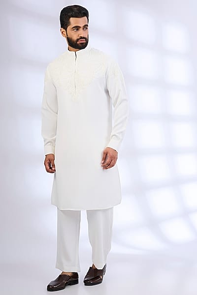 Ivory Knit Hand Embroidered Kurta Set by AMIT ARORA