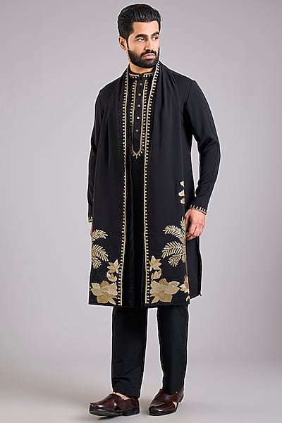 Black Silk Embroidered Kurta Set by AMIT ARORA