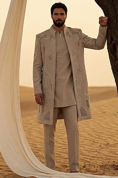 Khaki Linen Rayon Silk Embroidered Indowestern Set by AMIT ARORA
