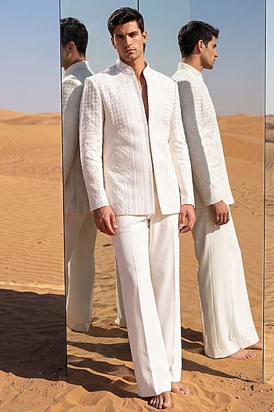 Ivory Knit Embroidered Indowestern Set by AMIT ARORA