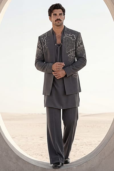 Dark Grey Knit Embroidered Indowestern Set by AMIT ARORA