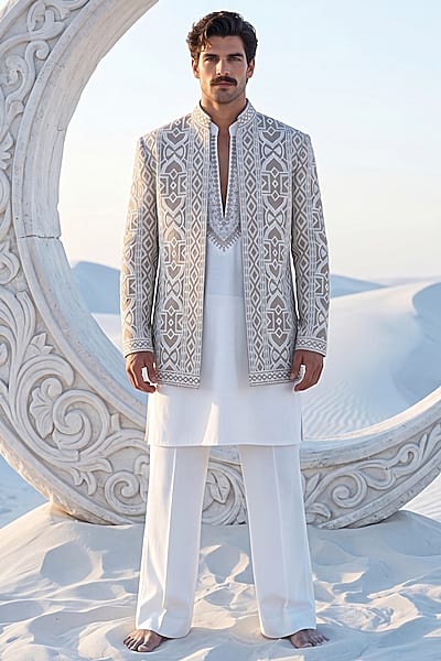 Khaki Tissue Silk Hand Embroidered Indowestern Set by AMIT ARORA