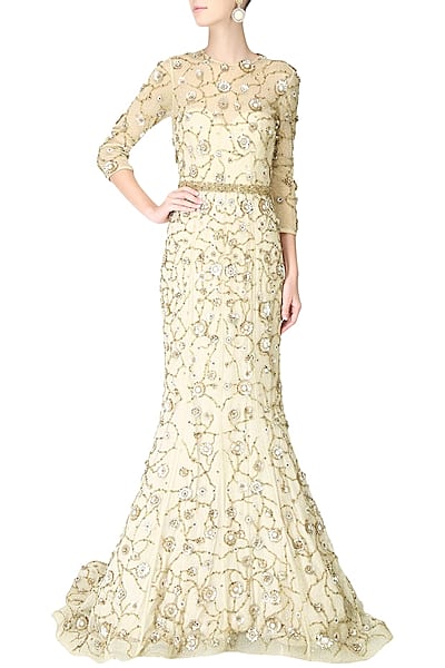 Cream filigree inspired floral embroidered gown by AMIT GT