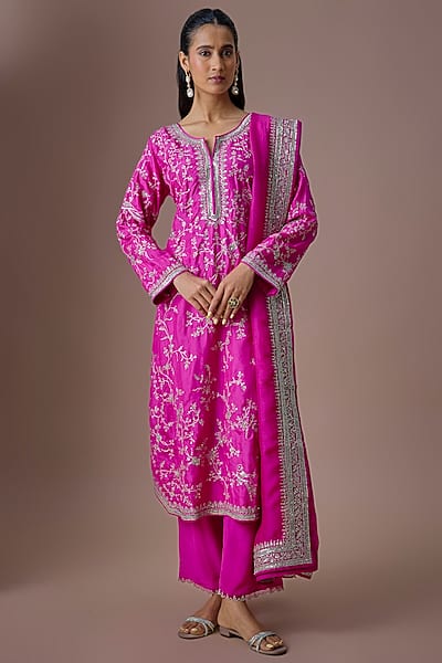 Hot Pink Dupion Silk Kurta Set by Anushree Reddy