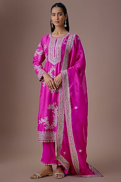 Hot Pink Dupion Silk Sequins Embroidered Kurta Set by Anushree Reddy