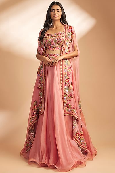 Peach Organza Thread Embroidered Cape Set by Anushree Reddy