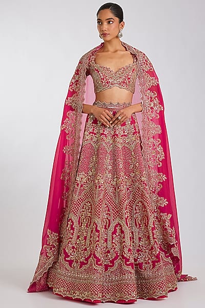 Cherry Red Organza Hand Embroidered Lehenga Set by Anushree Reddy