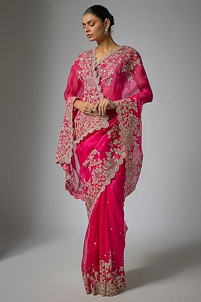 Cherry Red Organza Hand Embroidered Saree Set by Anushree Reddy