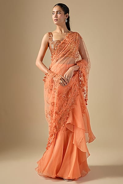 Orange Net Sequins Embroidered Ruffled Saree Set by Anushree Reddy