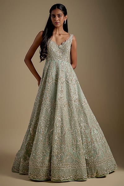 Ice Blue Organza Hand Embroidered Gown by Anushree Reddy
