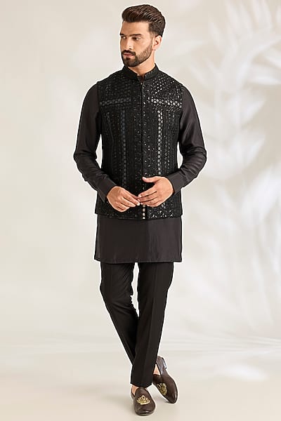 Black Silk Bundi Jacket Set by ARJAN DUGAL