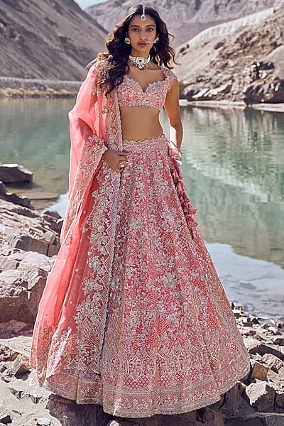 Coral Organza Lehenga Set by Anushree Reddy