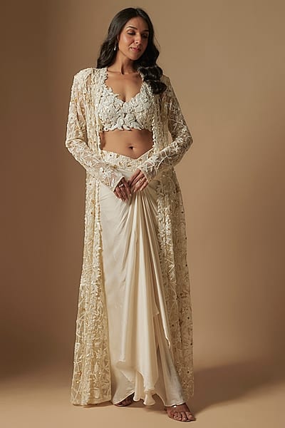 Ivory Satin Organza Hand Embroidered Jacket Set by ASAGA