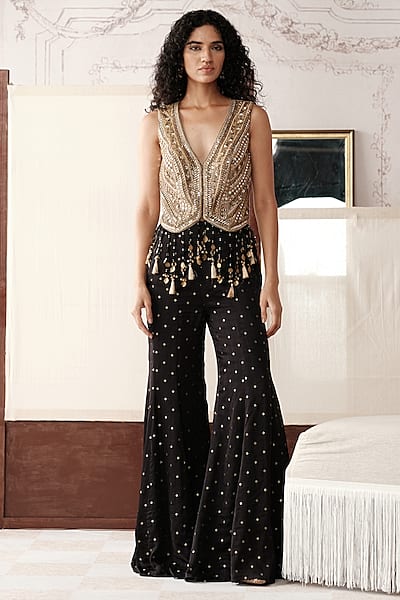 Black Satin Crepe Sequins Embroidered Sharara Set by Basanti - Kapde aur Koffee