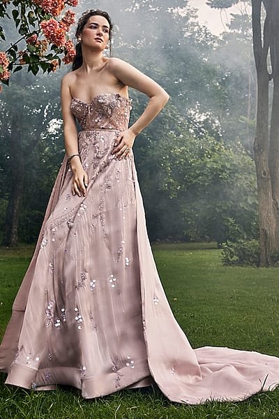 Soft Pink Satin Organza Embellished Gown by BAYA BY RICHA