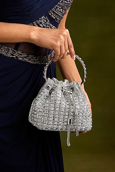 Silver Faux Leather Crystal Bucket Bag by Be Chic-POPULAR PRODUCTS AT STORE