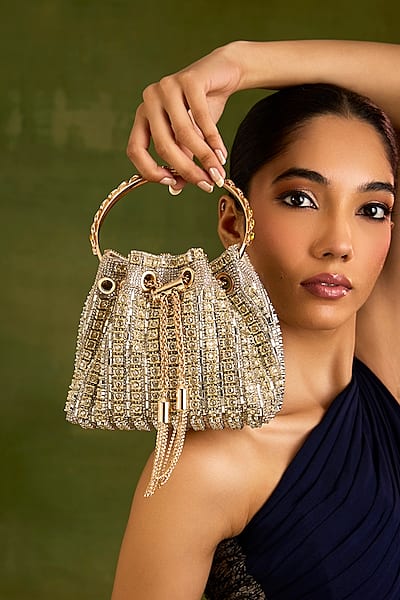 Gold Faux Leather Crystal Bucket Bag by Be Chic-POPULAR PRODUCTS AT STORE