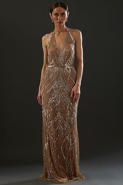 Gold Hand Embroidered Gown by Bhawna Rao