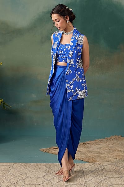 Royal Blue Crepe Printed Skirt Set by Chhavvi Aggarwal