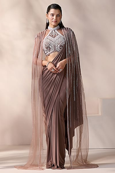 Mouse Net & Lycra Pre-Stitched Jacket Saree Set by Chaashni by Maansi and Ketan